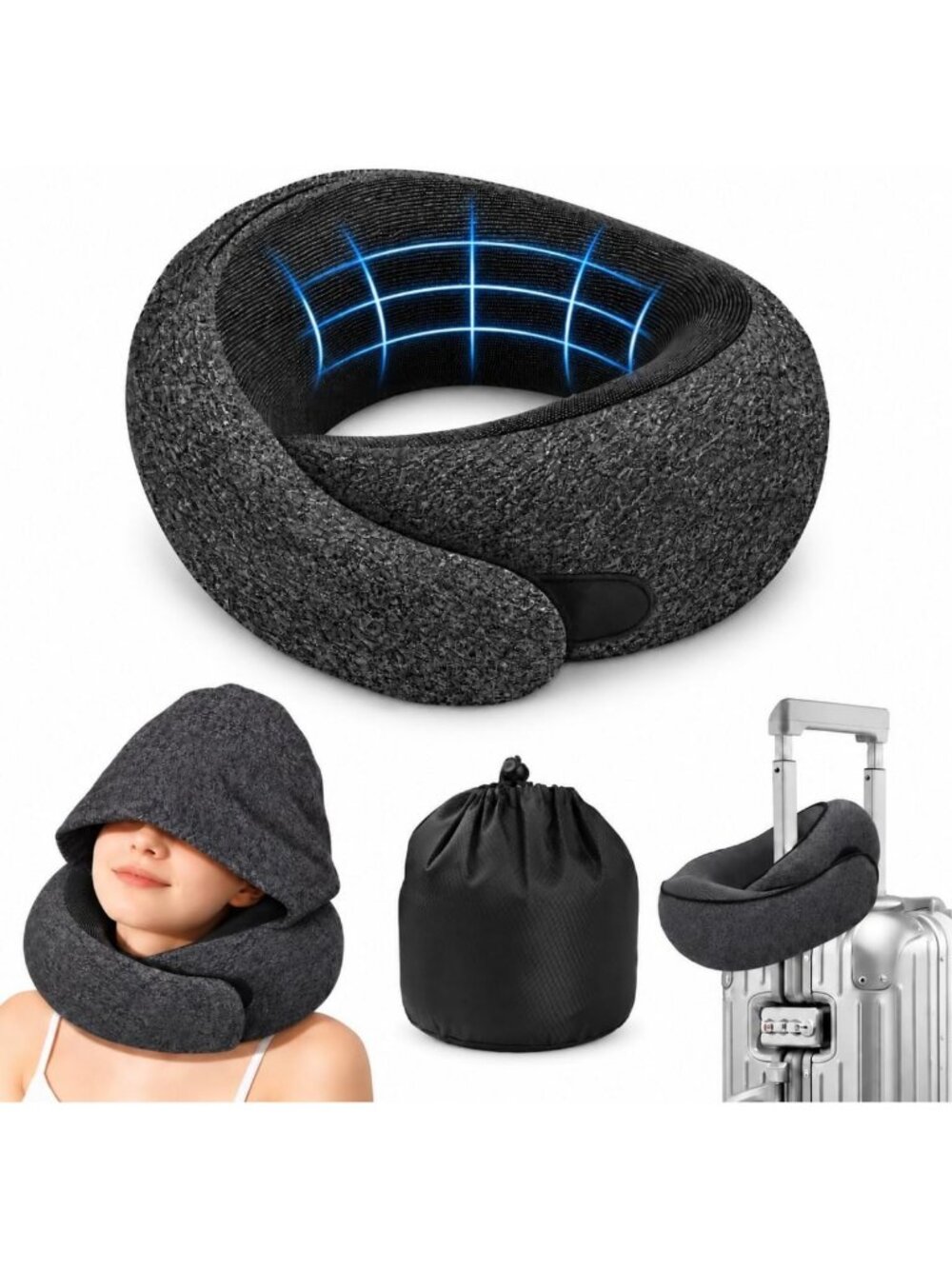Cozy Travel Neck Pillow with Hood, Memory Foam U-Shaped Support & Eye Cover